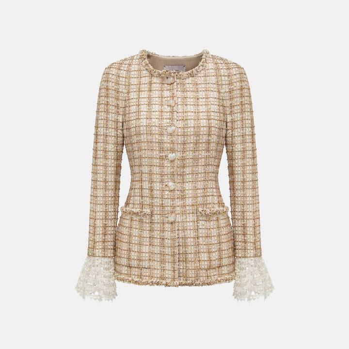 "Sloane Ave." 法國頂級縷金工藝蕾絲拚袖修身花呢外套—Versailles Chanson凡爾賽香頌