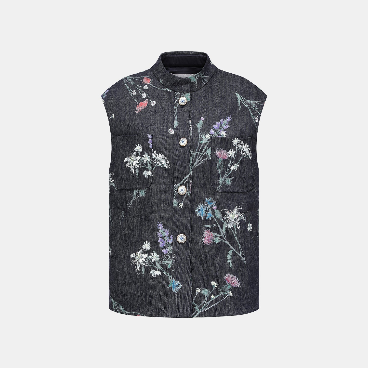 “Easy Go Chic”義大利浮描蠟花繪印工藝牛仔背心襯衫—Blue Bloom藍野花語
