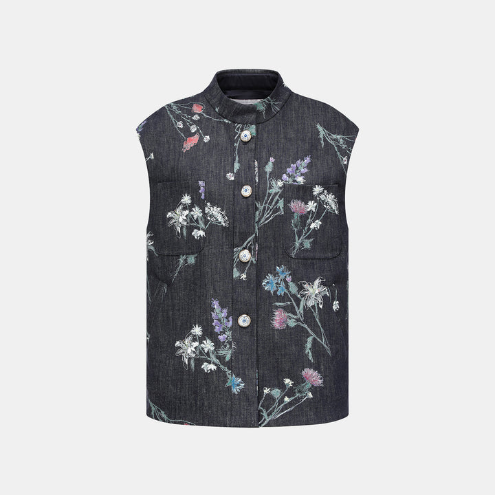 “Easy Go Chic”義大利浮描蠟花繪印工藝牛仔背心襯衫—Blue Bloom藍野花語