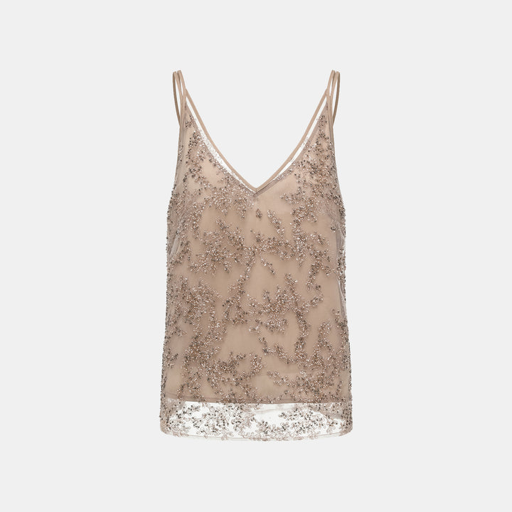 “茶宴” 奢華珠綉蕾絲輕國風細肩帶背心—Gold