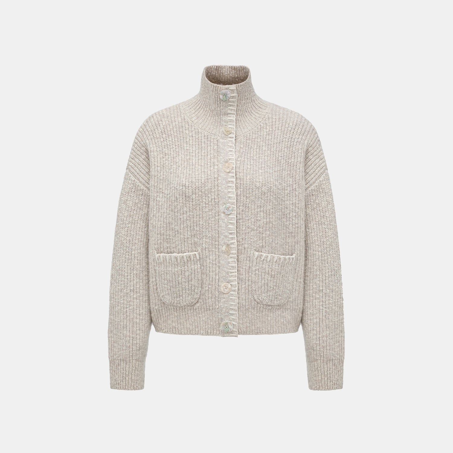 “Winter Diary” 100% Cashmere霧染細針羅紋邊飾高領針織外套—Winter Cotton冬日棉花