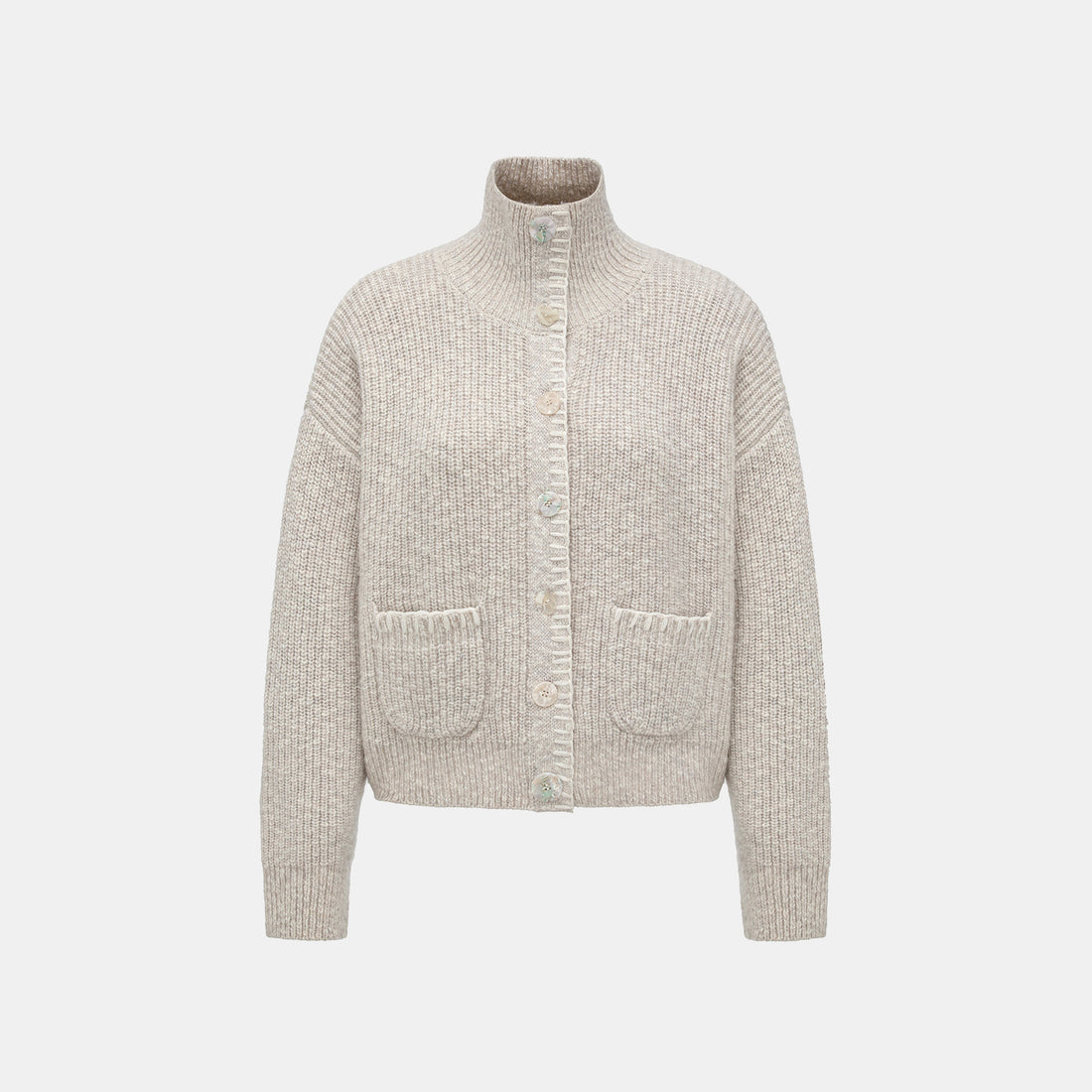 “Winter Diary” 100% Cashmere霧染細針羅紋邊飾高領針織外套—Winter Cotton冬日棉花