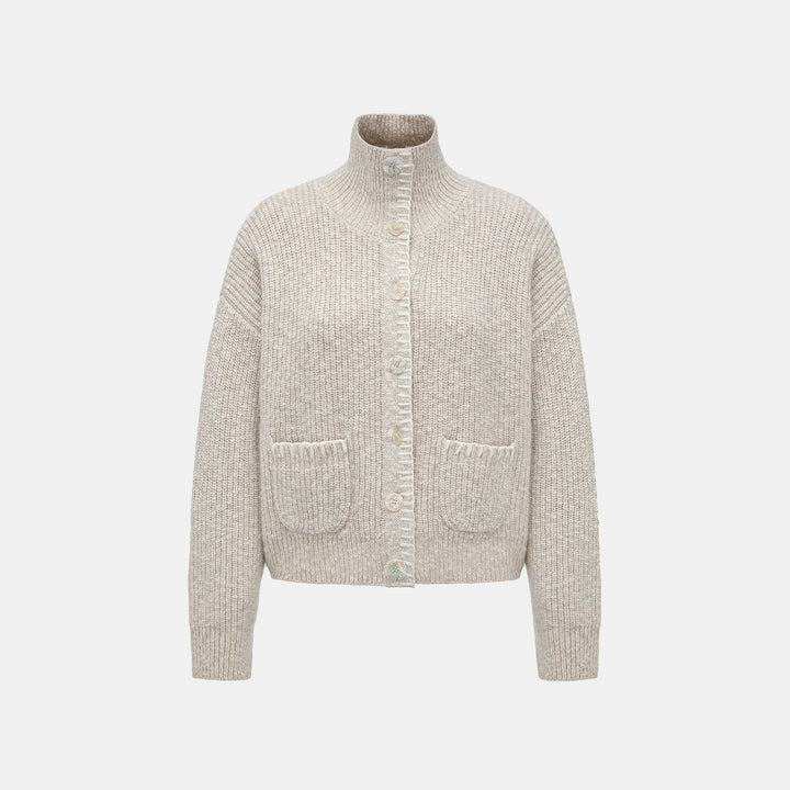 “Winter Diary” 100% Cashmere霧染細針羅紋邊飾高領針織外套—Winter Cotton冬日棉花