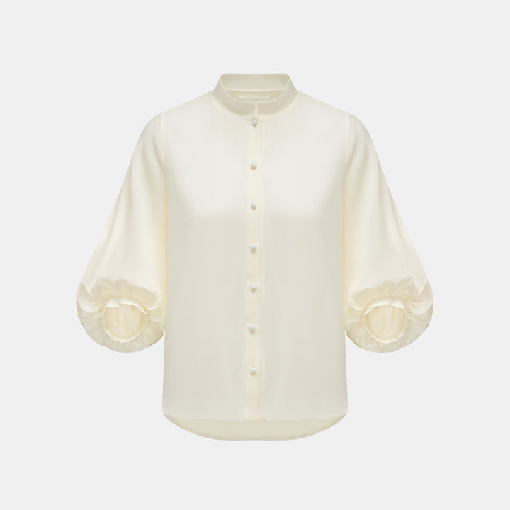 “秋意" 100% 桑蠶絲雪紡國風七分袖襯衫 — 晨曦白