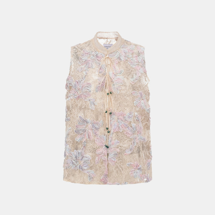 "Imperial Garden Teatime." Dyed satin lace vest with painting technique - Dawn Mist Bloom 