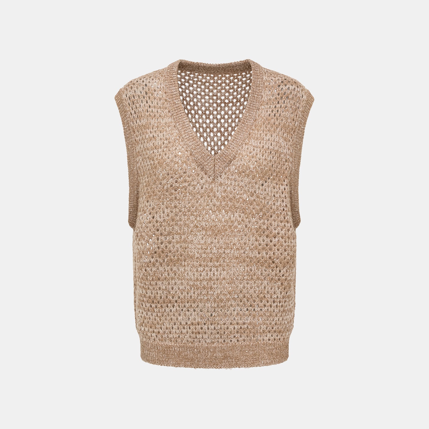 "Chelsea Citywalk." 100% Cashmere 亮片蕾絲編織工藝針織背心—Cinnamon Latte