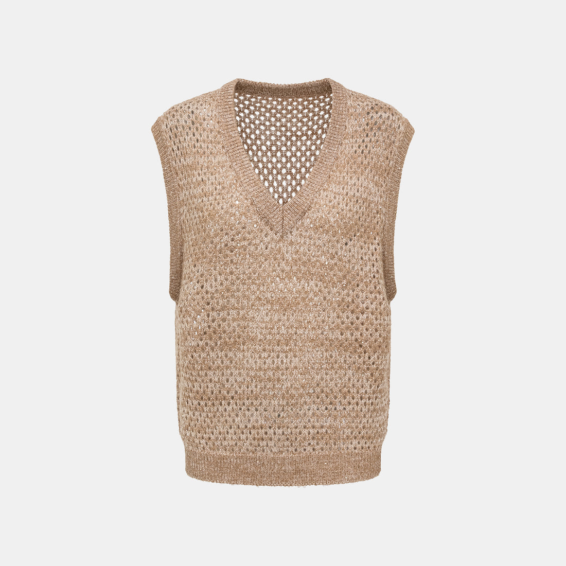 "Chelsea Citywalk." 100% Cashmere 亮片蕾絲編織工藝針織背心—Cinnamon Latte