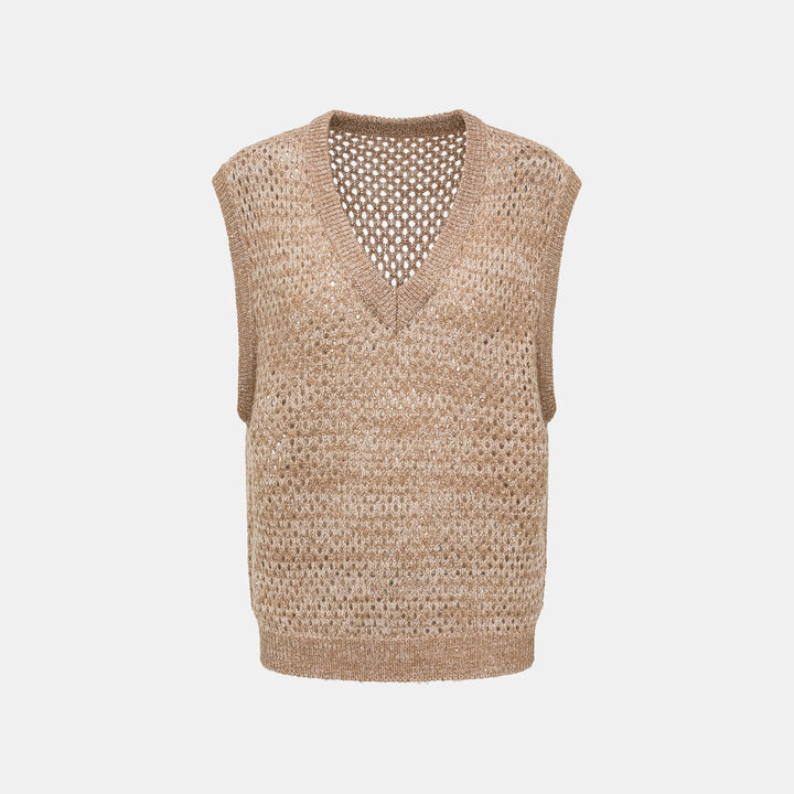 "Chelsea Citywalk." 100% Cashmere 亮片蕾絲編織工藝針織背心—Cinnamon Latte