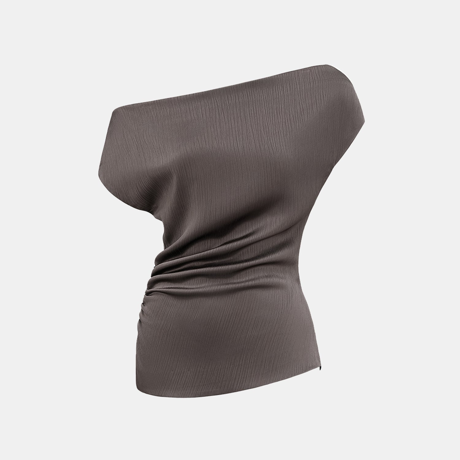 “Easy Go Chic” 韓國壓褶工藝面料斜肩上衣—皮革咖