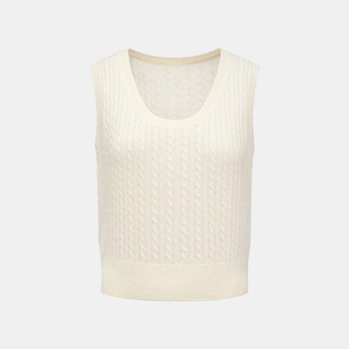 “Autumn Diary” 100% Cashmere 亮片麻花編織針織背心—Sandal Light檀香白茶