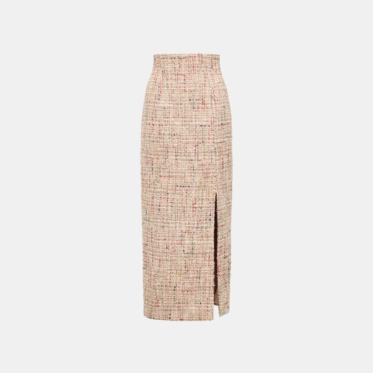 “Chelsea teatime.” Tweed pencil skirt—Berry latte 