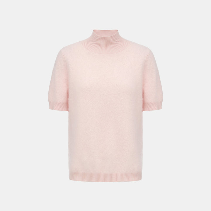 “Winter Diary” 100%Cashmere極細絨柔梳纖工藝立領五分袖上衣—Cotton Blush棉花蜜粉