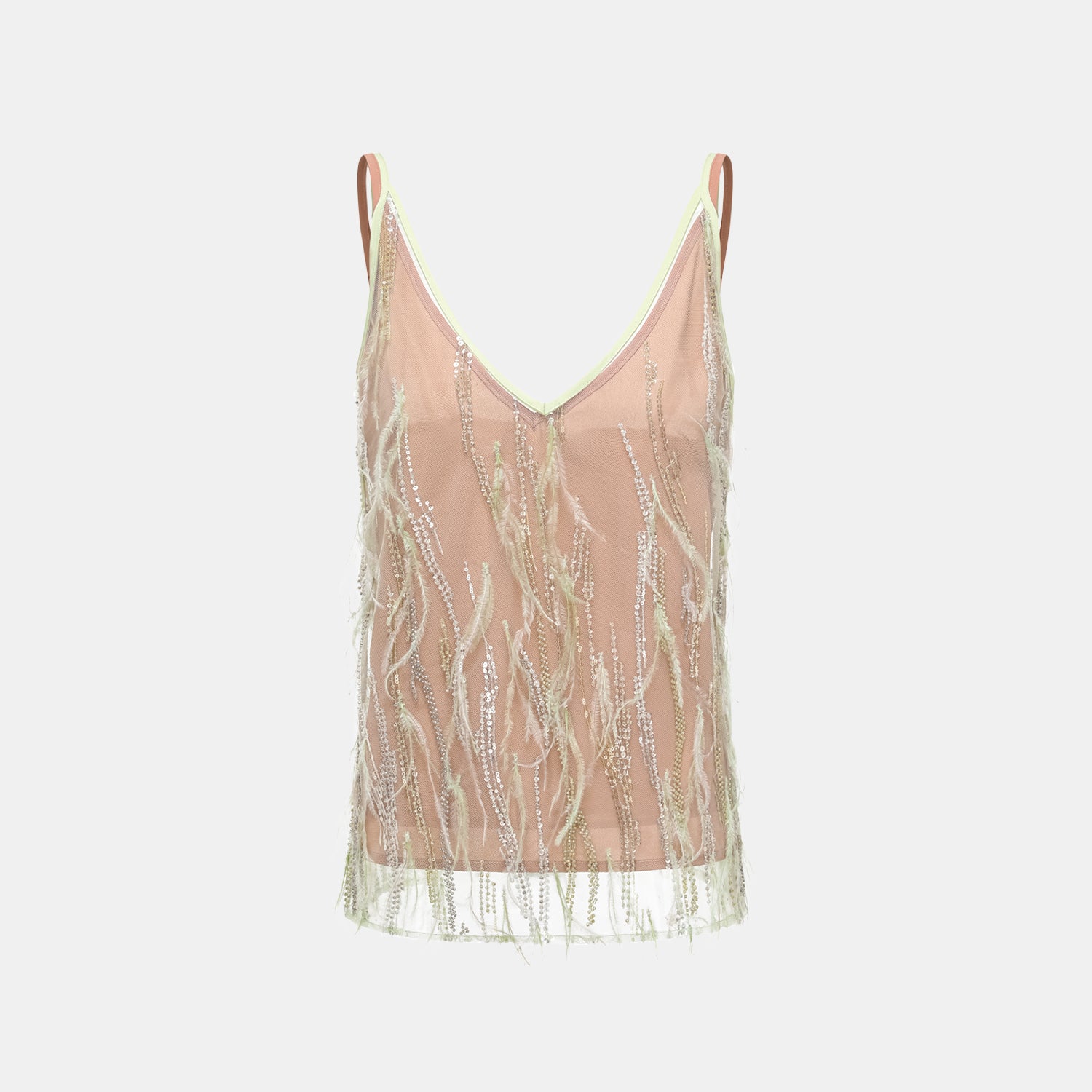 “Welcome to my party.” 珠繡羽毛工藝細肩帶背心