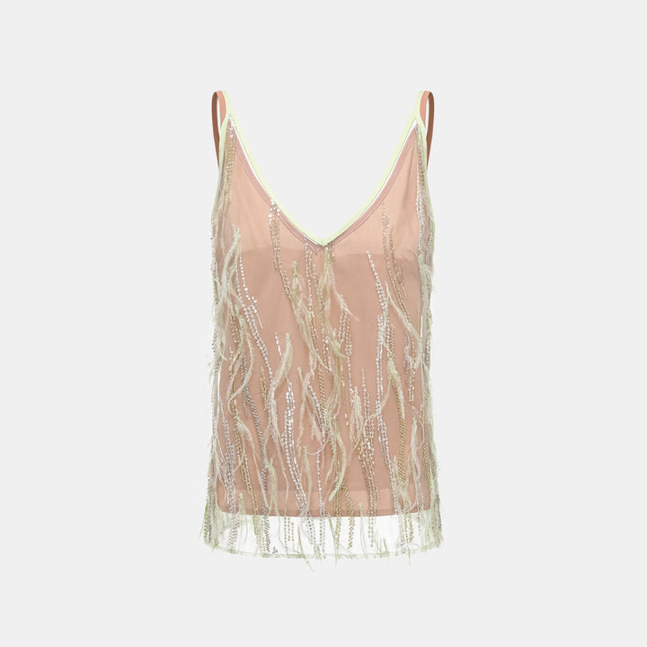 “Welcome to my party.” 珠繡羽毛工藝細肩帶背心