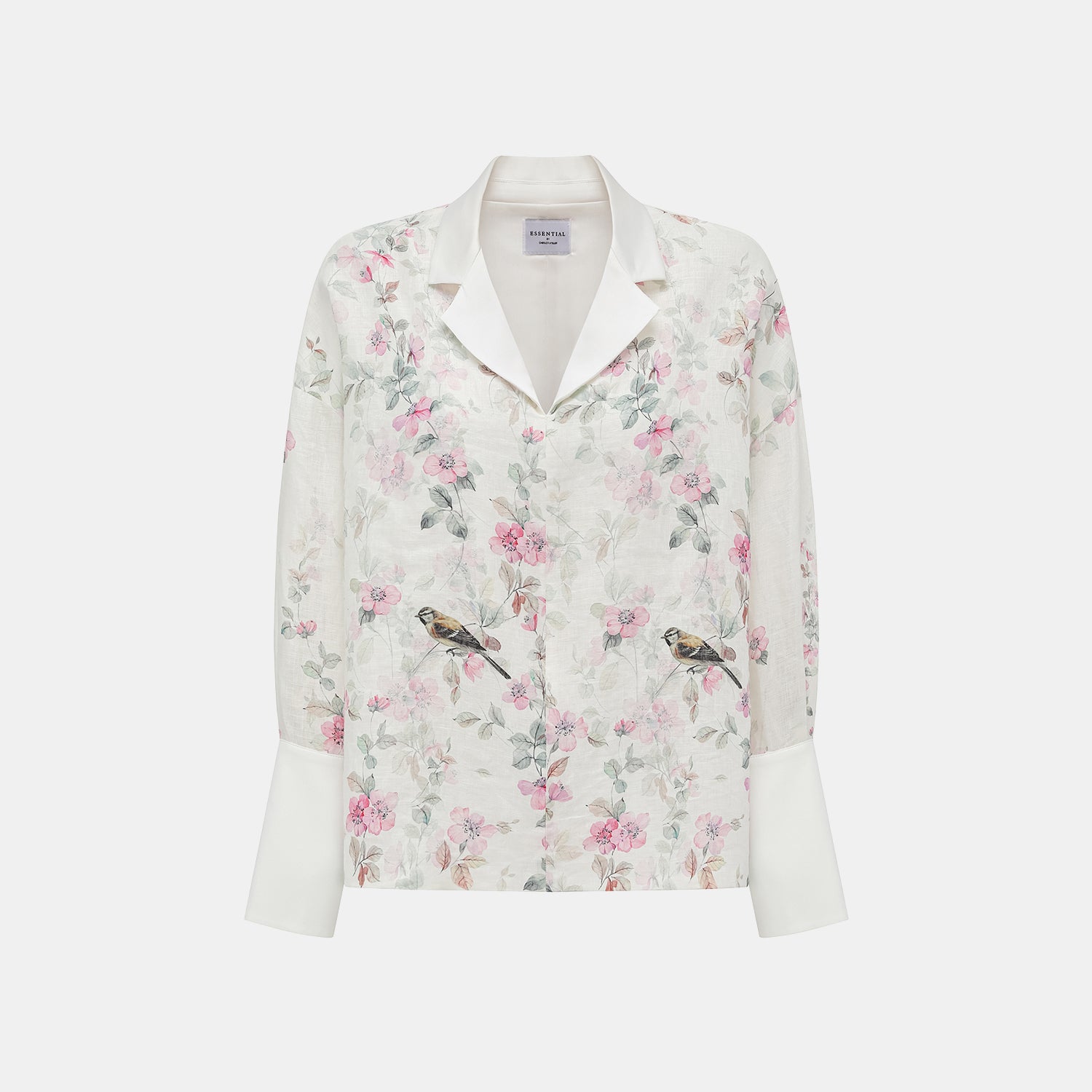 “春意” 義大利繪印藏鑽亞麻輕國風Oversized拼接襯衫—花枝映羽