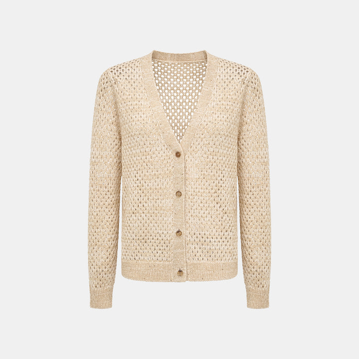 "Chelsea Citywalk." 100% Cashmere 亮片蕾絲編織工藝針織開衫—Honey Latte