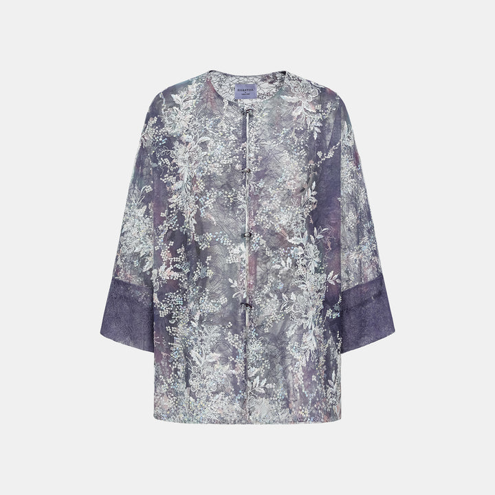 "Imperial Garden Teatime"緞染繡霞奢華珠繡蕾絲輕國風Oversized罩衫—Nocturne Bloom凝夜浮香