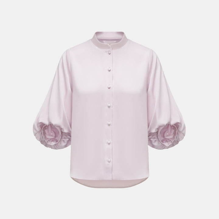 “秋意" 100% 桑蠶絲雪紡國風七分袖襯衫 — 櫻花粉