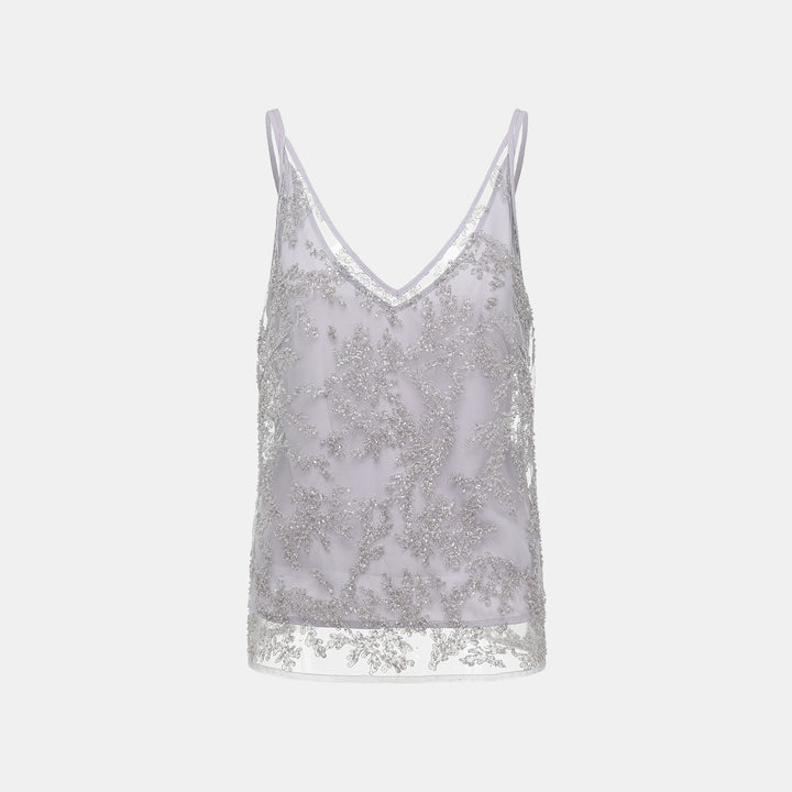 “茶宴” 奢華珠綉蕾絲輕國風細肩帶背心—Silver