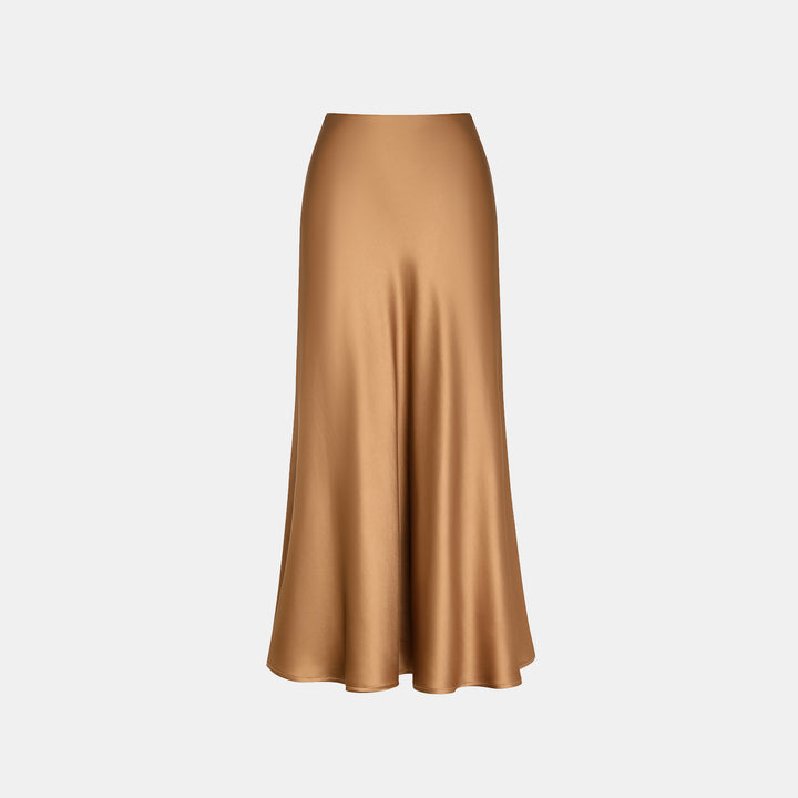 “Daytime sparkle.” Satin draped below-the-knee skirt—Caramel gold 