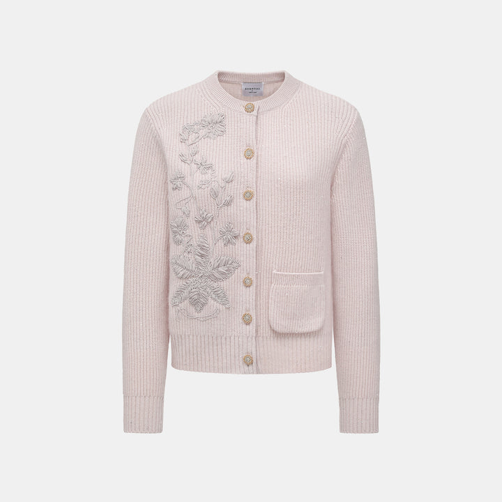 “Winter Diary” 100%Cashmere浮雕緞繡星點針織外套—Blush Peony玫瑰晨露