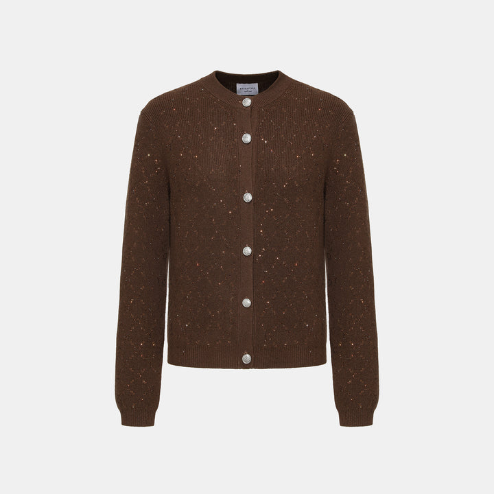 “Autumn Diary” 100% Cashmere立體鑽飾Monogram嵌花針織外套—Mocha Truffle摩卡松露