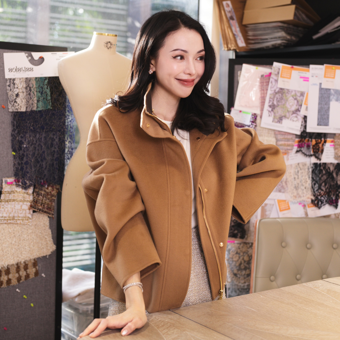 "Winter Diary"100%Cashmere雙面極細長絨拼皮立領狩獵外套—Honey Acorn暖蜜糖韻