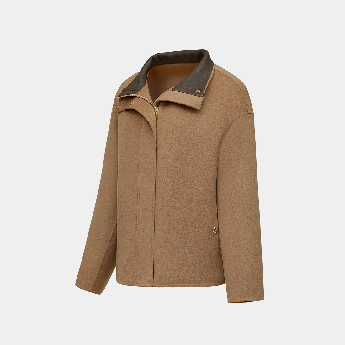 "Winter Diary"100%Cashmere雙面極細長絨拼皮立領狩獵外套—Honey Acorn暖蜜糖韻