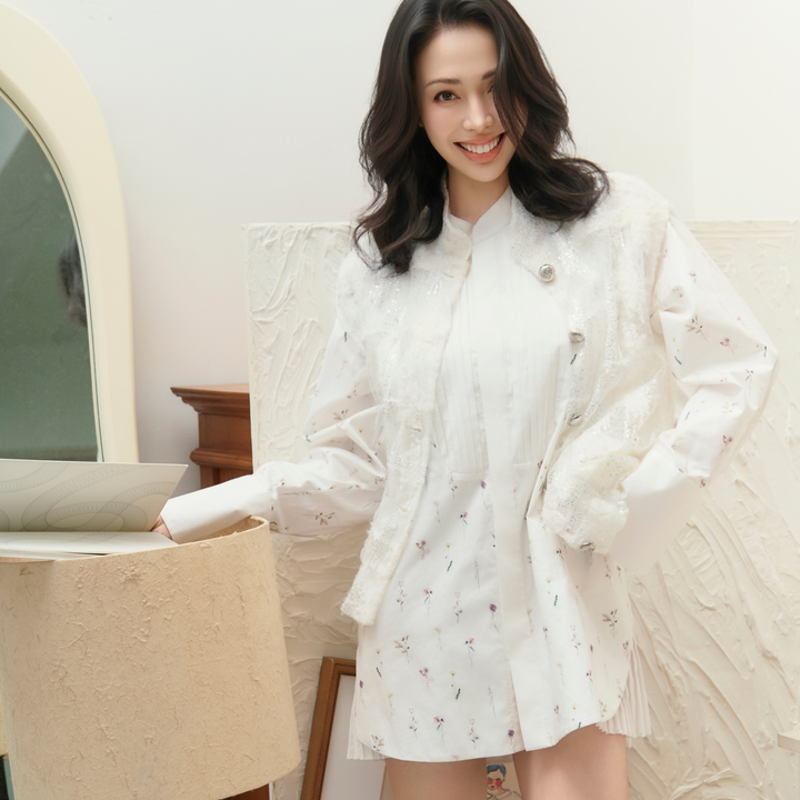 “知性時刻”義大利立體細褶前襟襯衫洋裝—Floral Path暖風花徑