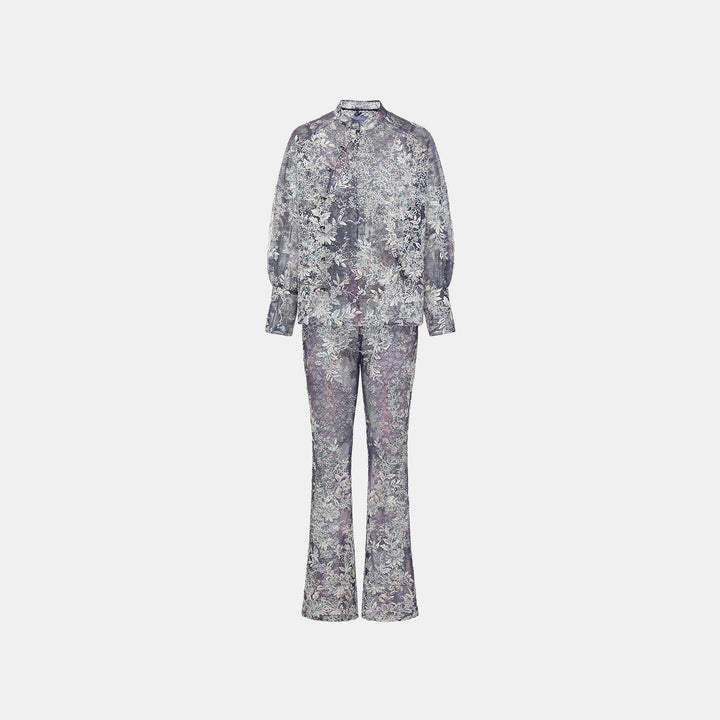 "Imperial Garden Teatime"緞染繡霞奢華珠繡輕國風蕾絲喇叭褲—Nocturne Bloom凝夜浮香