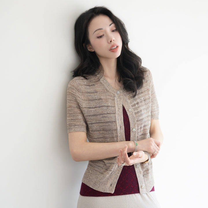 “Weekend at Monaco”鏤織微光星點薄織開襟上衣—Amber Shore暖岸浮光