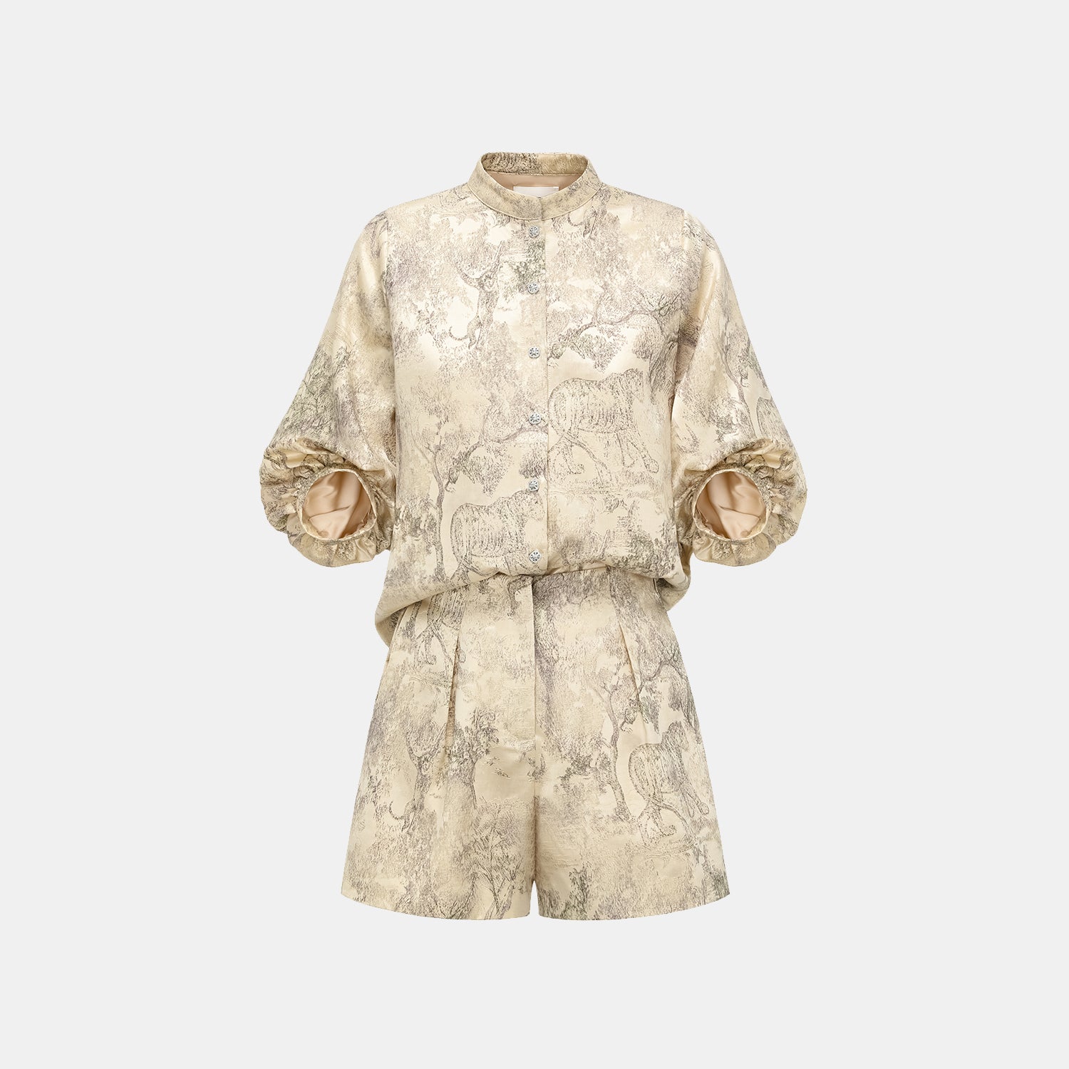 "Imperial Garden Teatime” 刺繡提花真絲羊毛短褲—綠