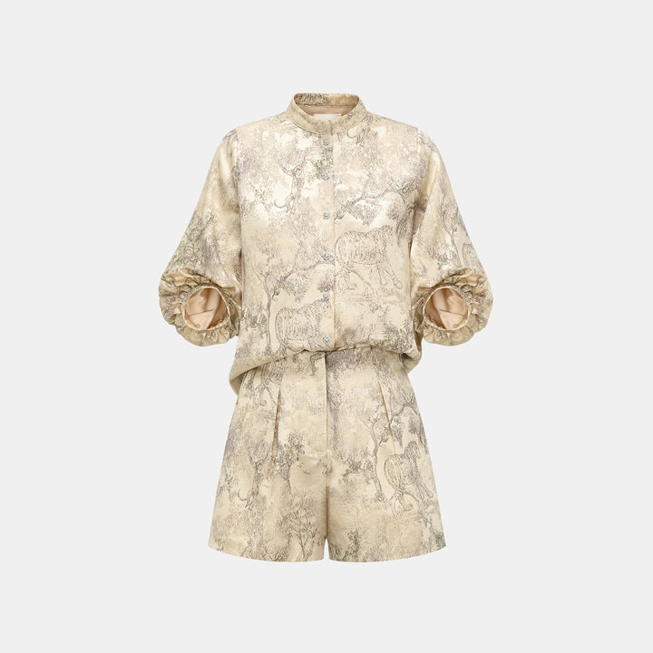 "Imperial Garden Teatime” 刺繡提花真絲羊毛襯衫—綠