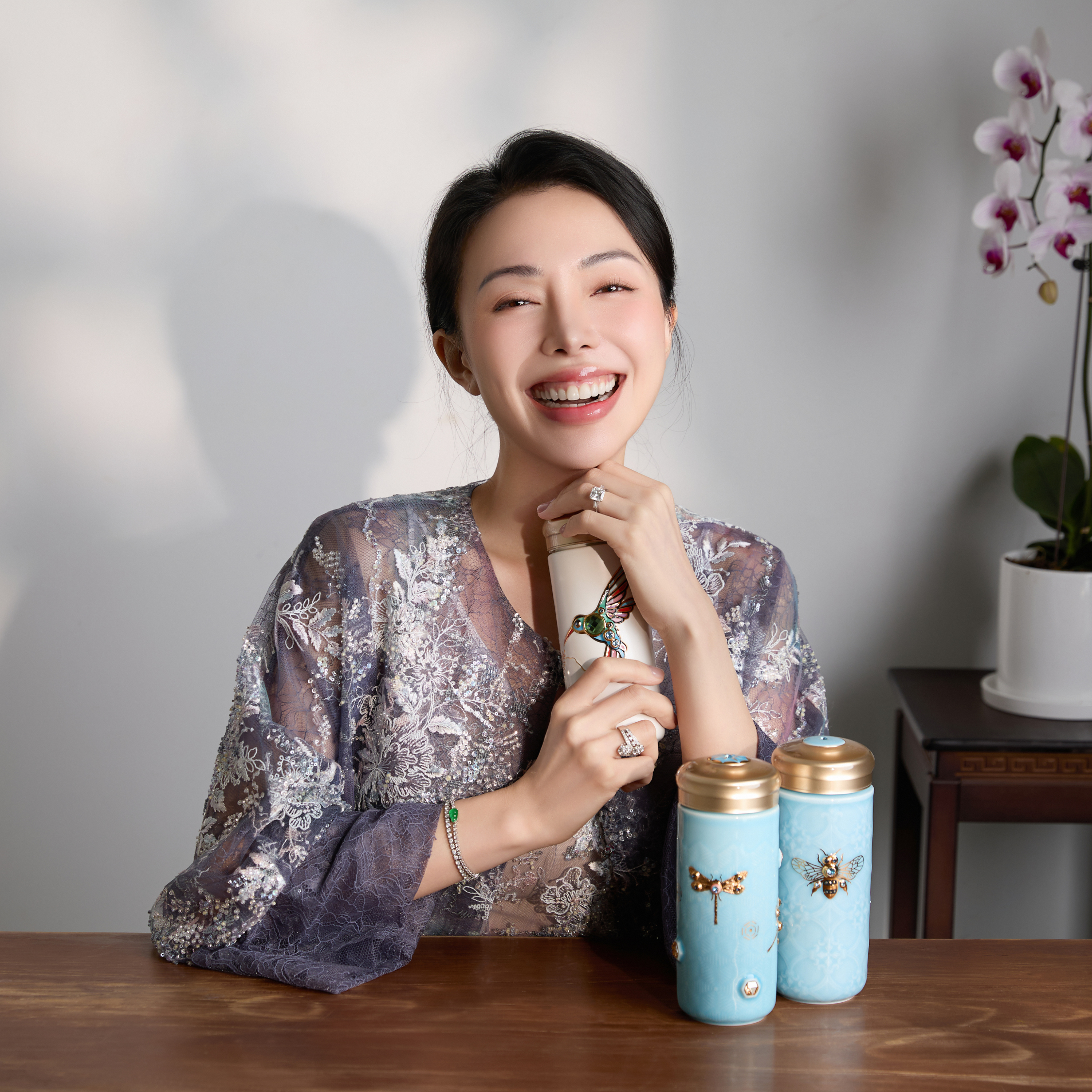 乾唐軒 吉星蜻投意合彩金水晶隨身杯─ 淺水藍彩金晶