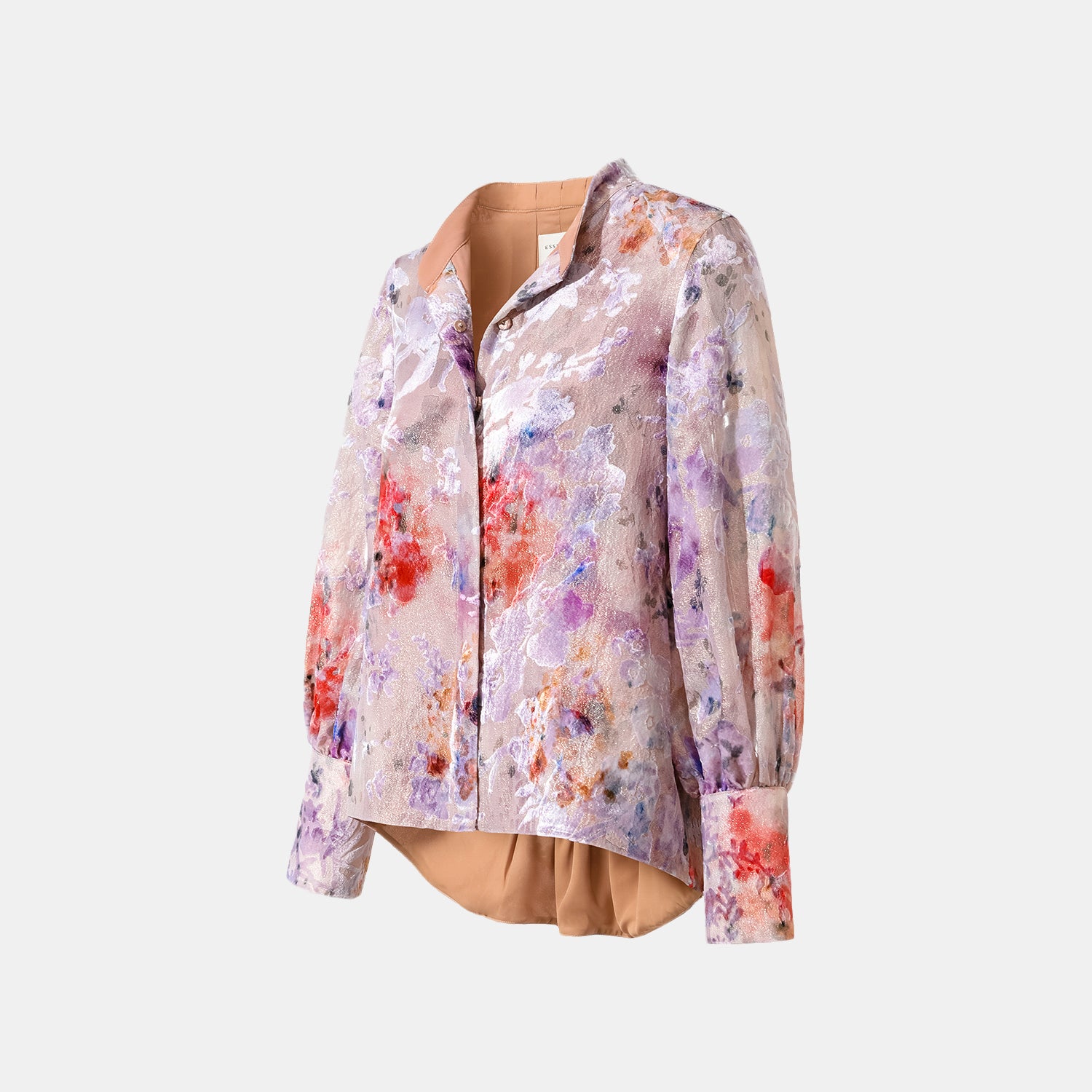 "Imperial Garden Teatime” 真絲絲絨燒花特殊剪裁襯衫—露紅煙紫