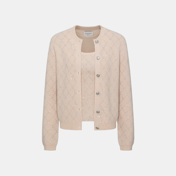 “Autumn Diary” 100% Cashmere立體鑽飾Monogram嵌花針織背心—Almond Cream杏仁奶霜