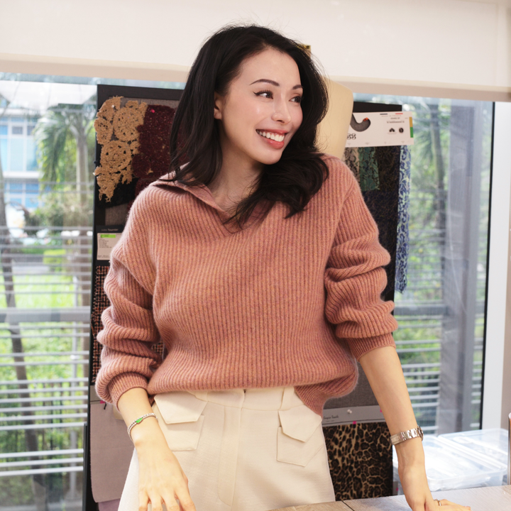 "Winter Diary" 100% Cashmere 粗針大翻領上衣（Yarn by Loro Piana)—Rosewood Blush絨粉玫瑰