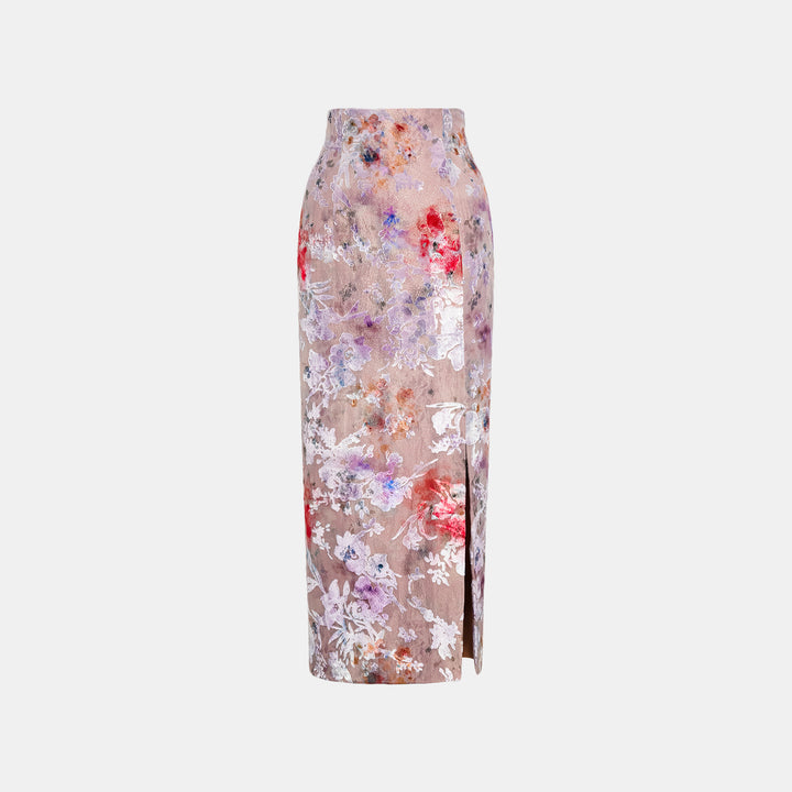 "Imperial Garden Teatime" Silk Velvet Burnt Flower Pencil Skirt - Dewy Red Smoky Purple 