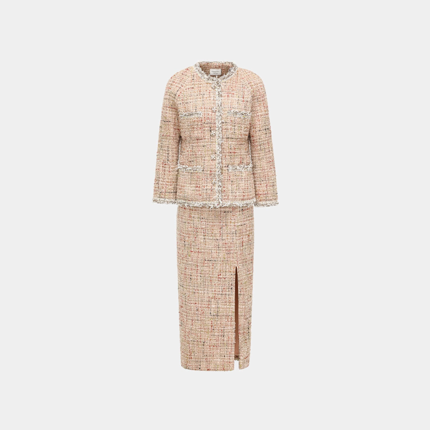 “Chelsea teatime.” Tweed pencil skirt—Berry latte 