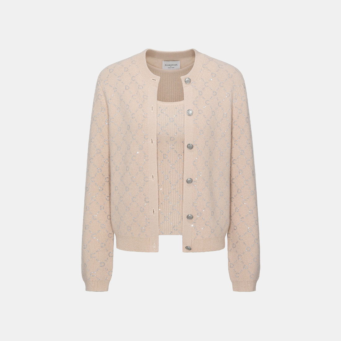 “Autumn Diary” 100% Cashmere立體鑽飾Monogram嵌花針織外套—Almond Cream杏仁奶霜