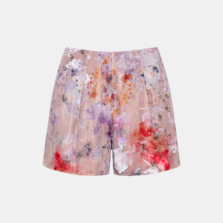 "Imperial Garden Teatime" Silk Velvet Devoré Shorts - Dewy Red Smoky Purple 