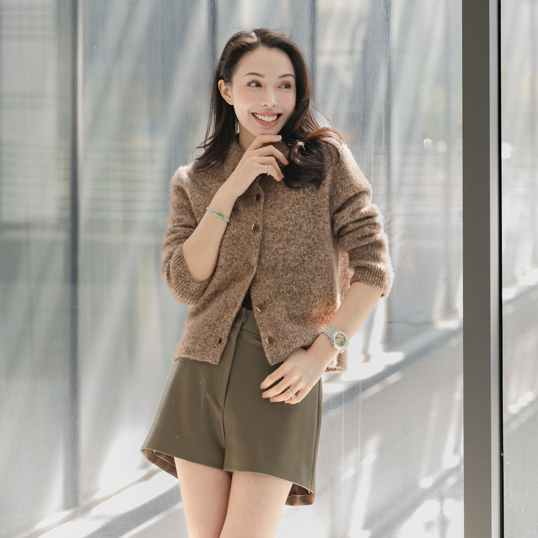 “Winter Diary” Cashmere真絲霧染絨柔細針立領外套—Cocoa marl胡桃可可