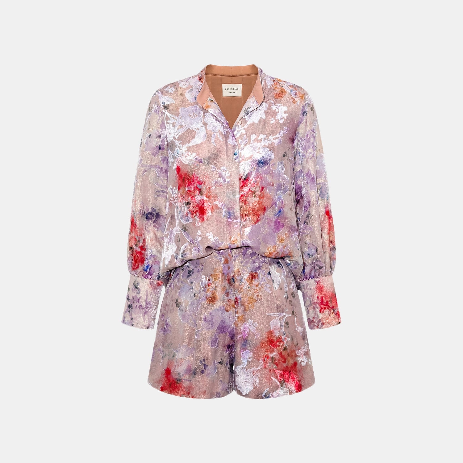 "Imperial Garden Teatime” 真絲絲絨燒花短褲—露紅煙紫