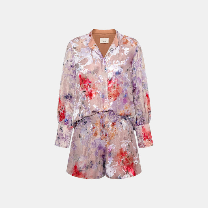 "Imperial Garden Teatime" Silk Velvet Devoré Shorts - Dewy Red Smoky Purple 