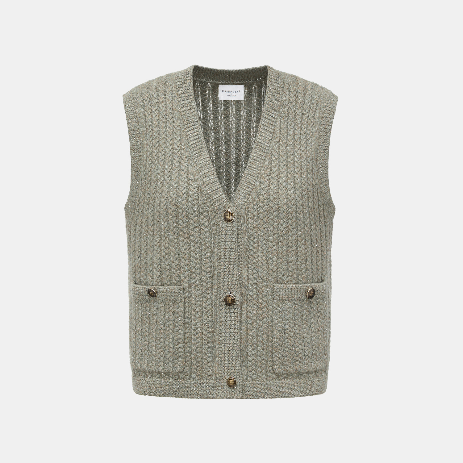 “Autumn Diary” 100% Cashmere 立體細麻花星點亮片針織背心—Silver Birch銀樺霧林