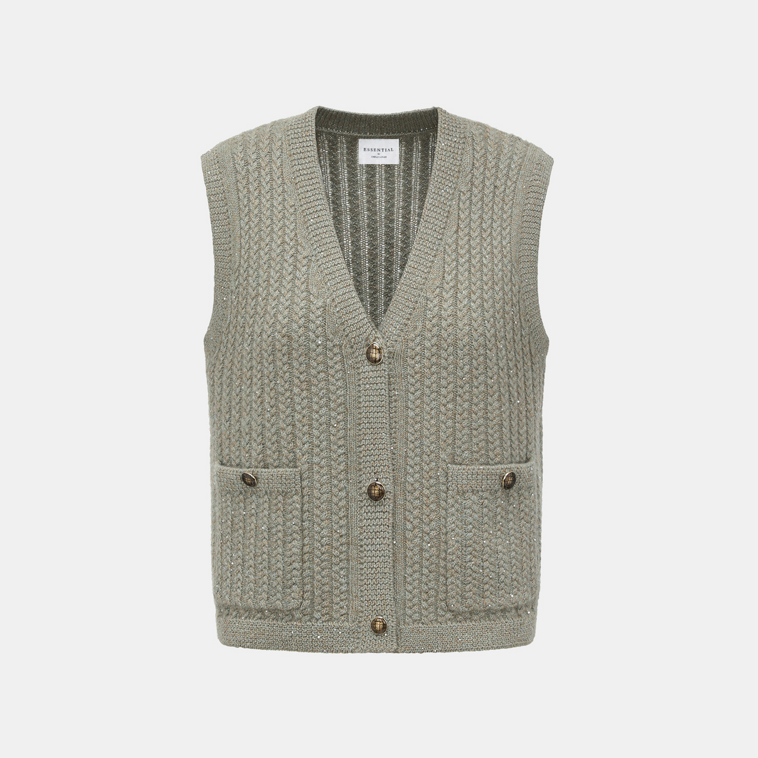 “Autumn Diary” 100% Cashmere 立體細麻花星點亮片針織背心—Silver Birch銀樺霧林