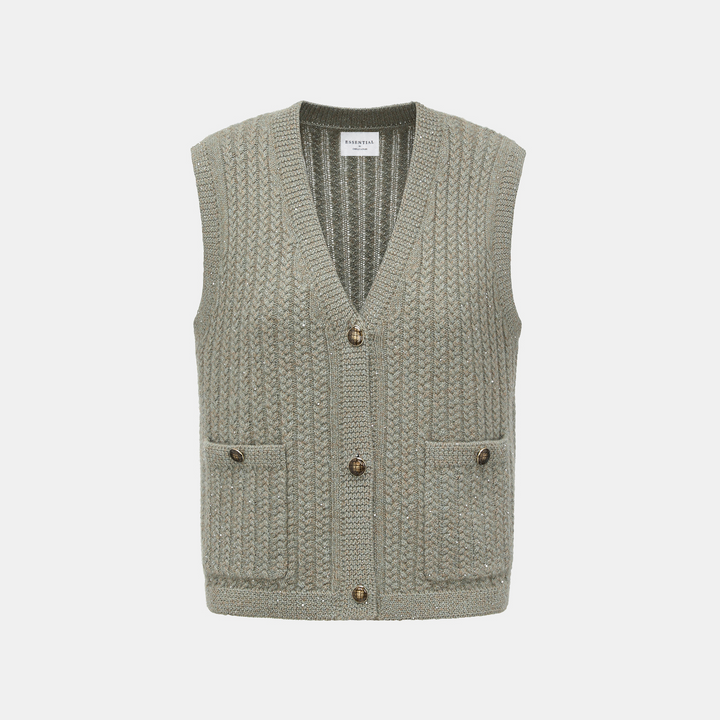 “Autumn Diary” 100% Cashmere 立體細麻花星點亮片針織背心—Silver Birch銀樺霧林