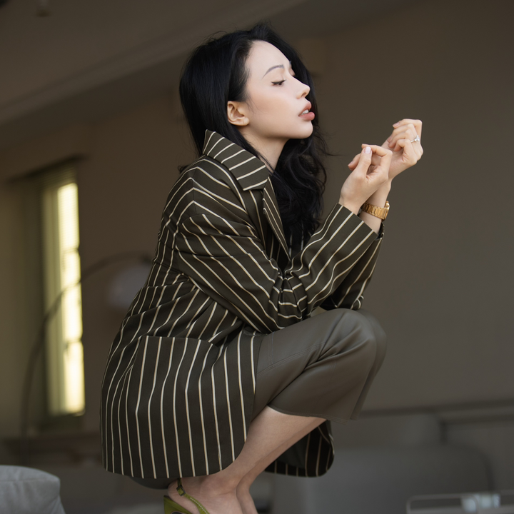 "Speak Sleek."義大利頂級羊毛直條Oversized西裝外套—Canopy Gold樹影金階