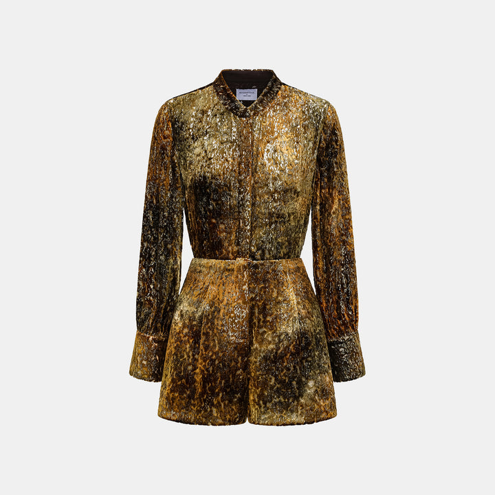 "Imperial Garden Teatime" Silk Velvet Chinese Style Shorts - Late Autumn Amber 