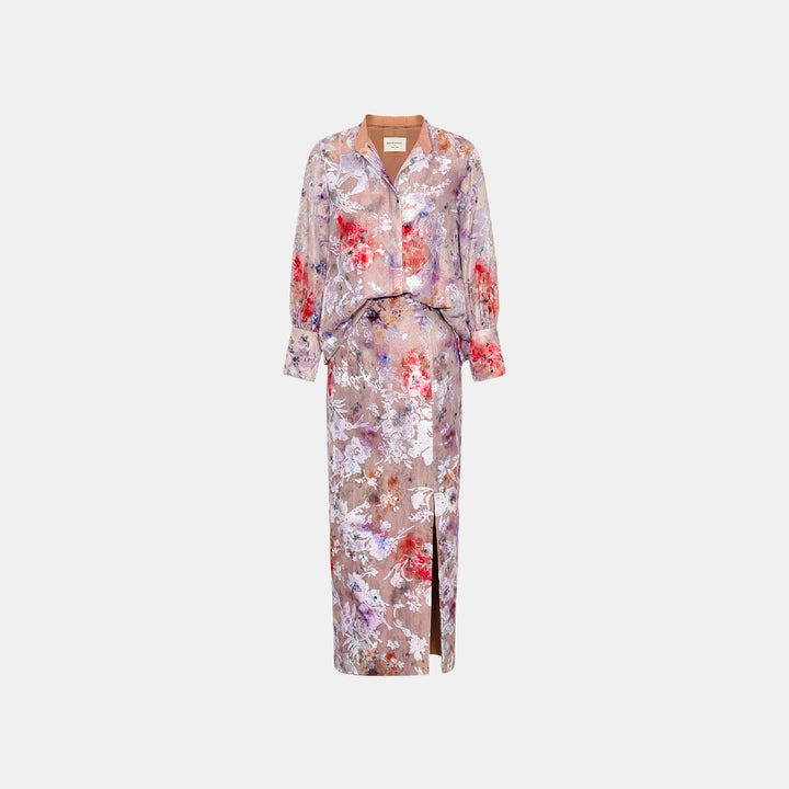 "Imperial Garden Teatime" Silk Velvet Burnt Flower Pencil Skirt - Dewy Red Smoky Purple 